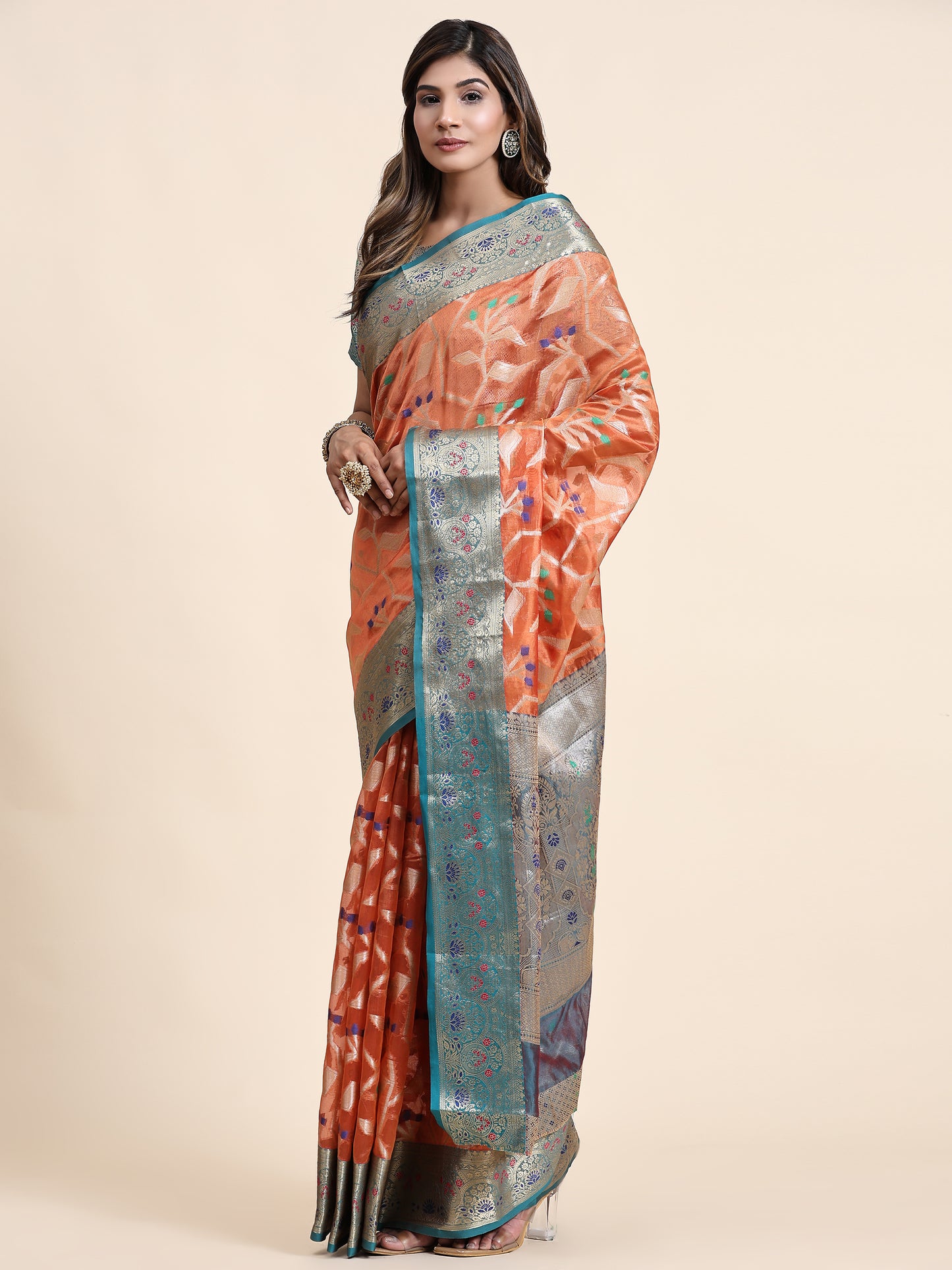 Soft Organza Silk saree with Meenakari weawing design and Rich Zari weawing Pallu with zari weawing border