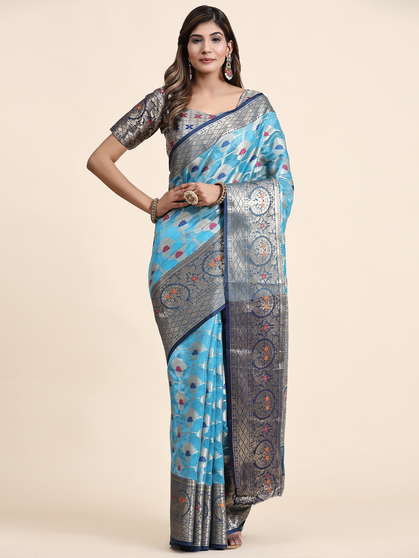 Soft Organza Silk saree with Meenakari weawing design and Rich Zari weawing Pallu with zari weawing border