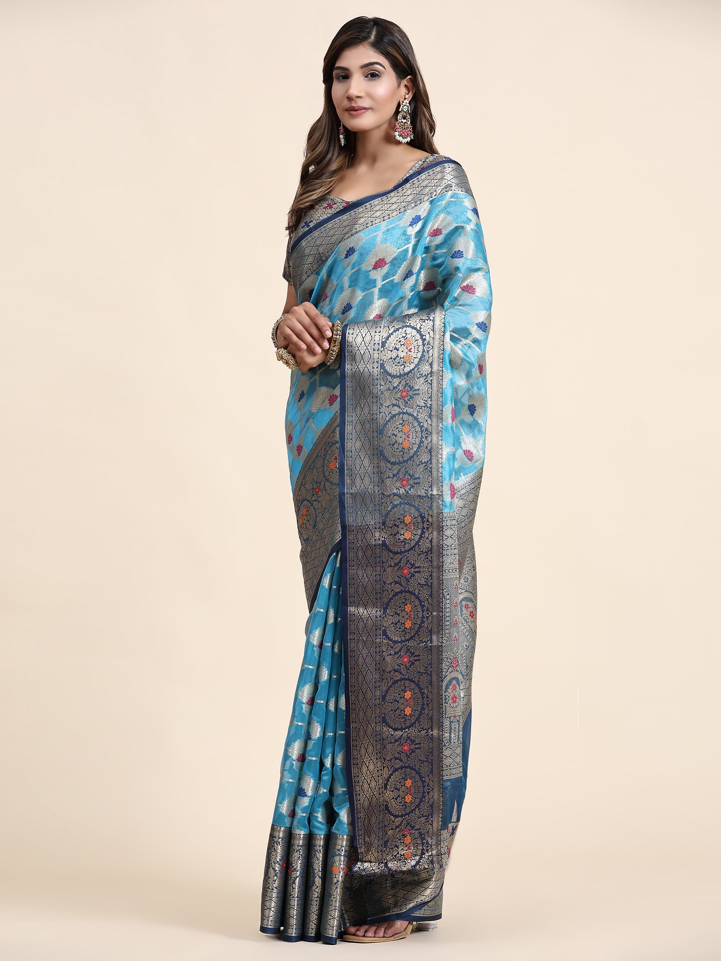 Soft Organza Silk saree with Meenakari weawing design and Rich Zari weawing Pallu with zari weawing border