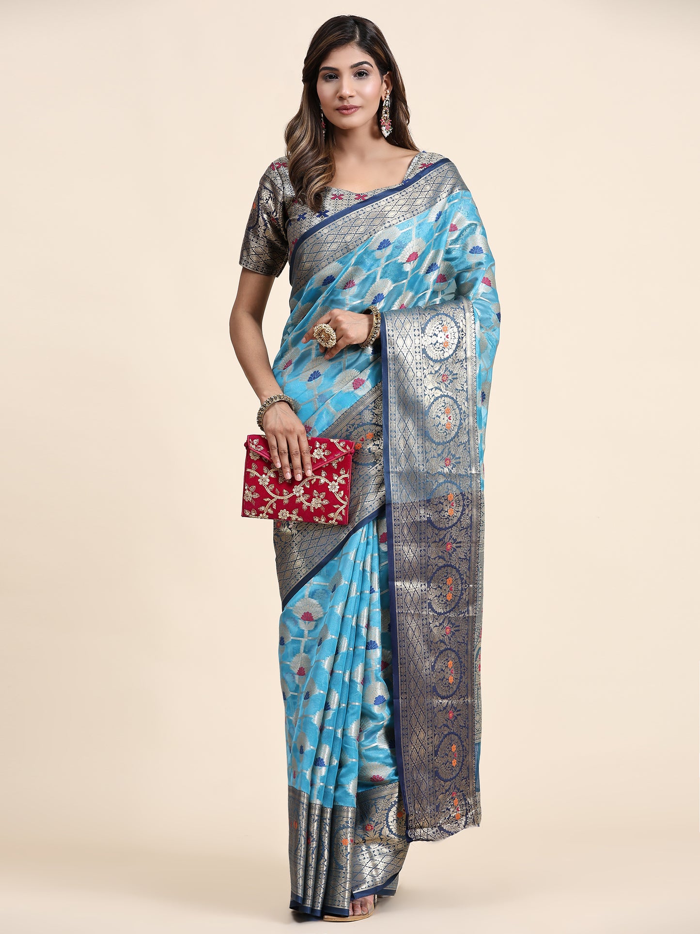 Soft Organza Silk saree with Meenakari weawing design and Rich Zari weawing Pallu with zari weawing border