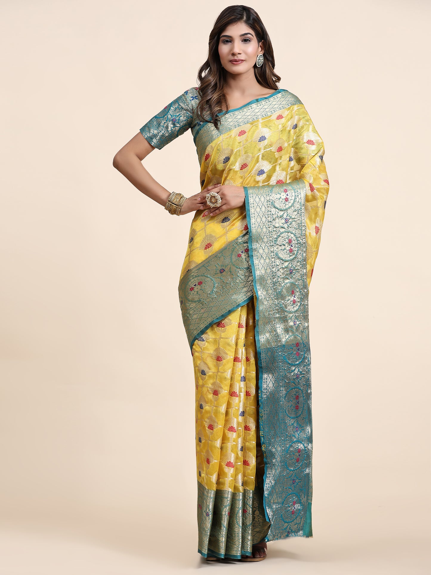 Soft Organza Silk saree with Meenakari weawing design and Rich Zari weawing Pallu with zari weawing border
