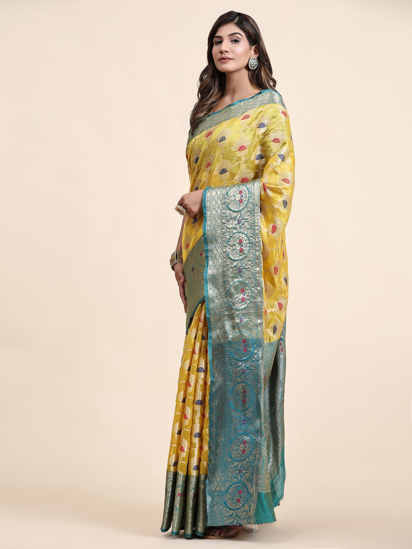 Soft Organza Silk saree with Meenakari weawing design and Rich Zari weawing Pallu with zari weawing border