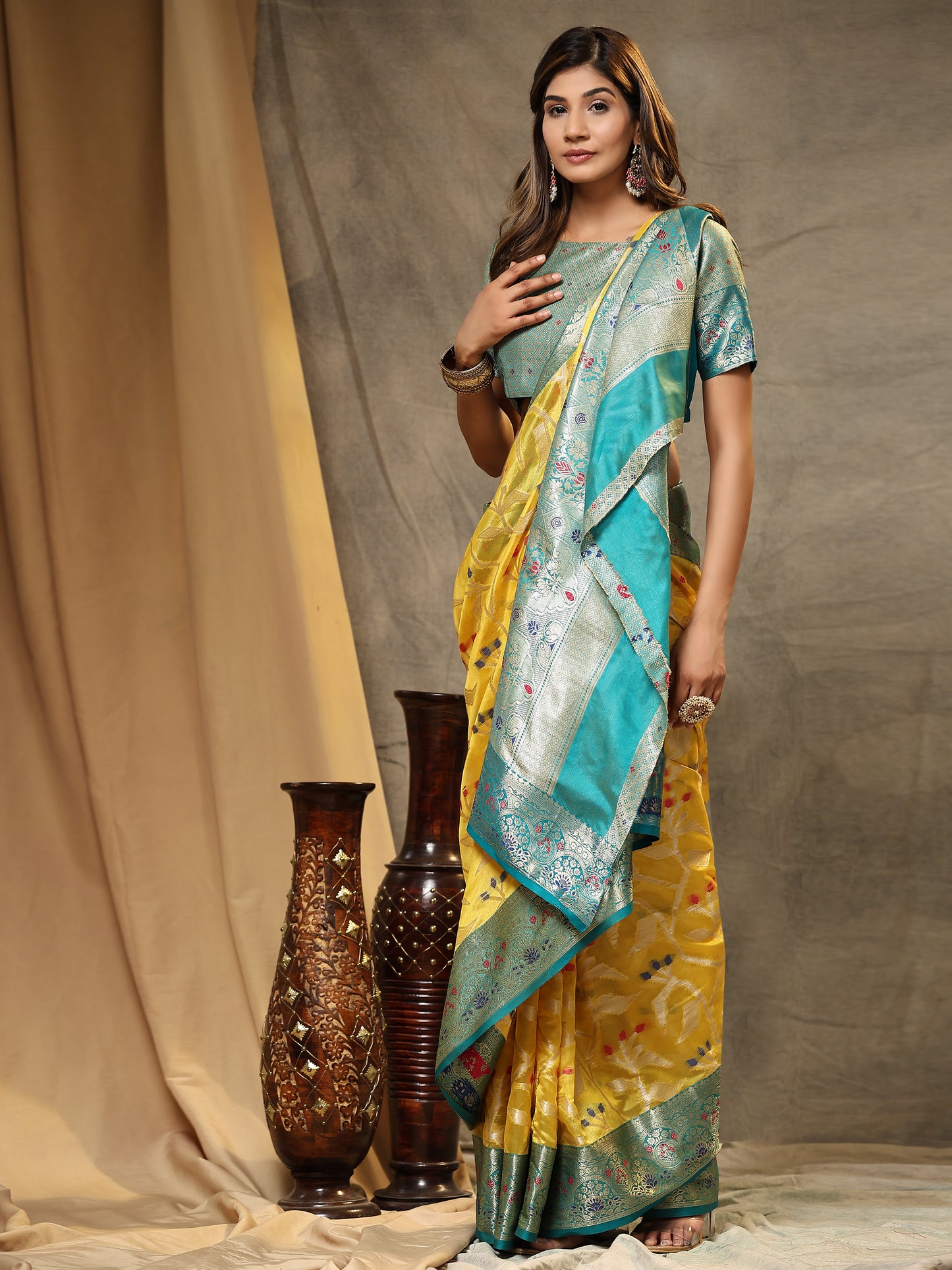 Soft Organza Silk saree with Meenakari weawing design and Rich Zari weawing Pallu with zari weawing border