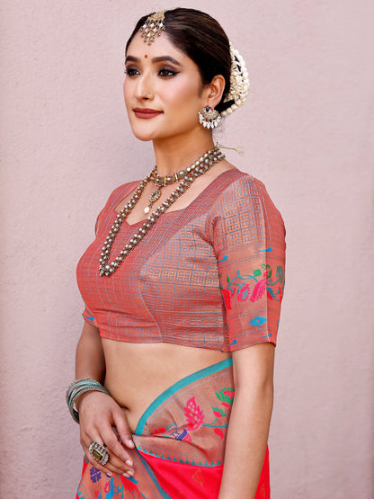 Graceful Tomato Red and Coral Silk Saree with Intricate Zari Work