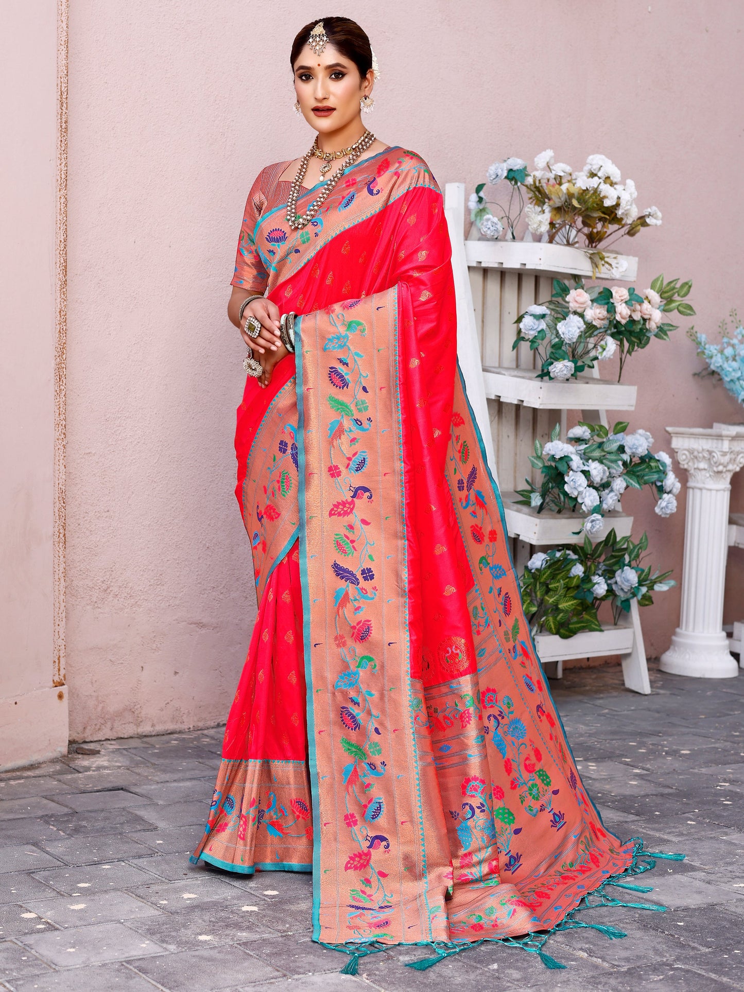 Graceful Tomato Red and Coral Silk Saree with Intricate Zari Work