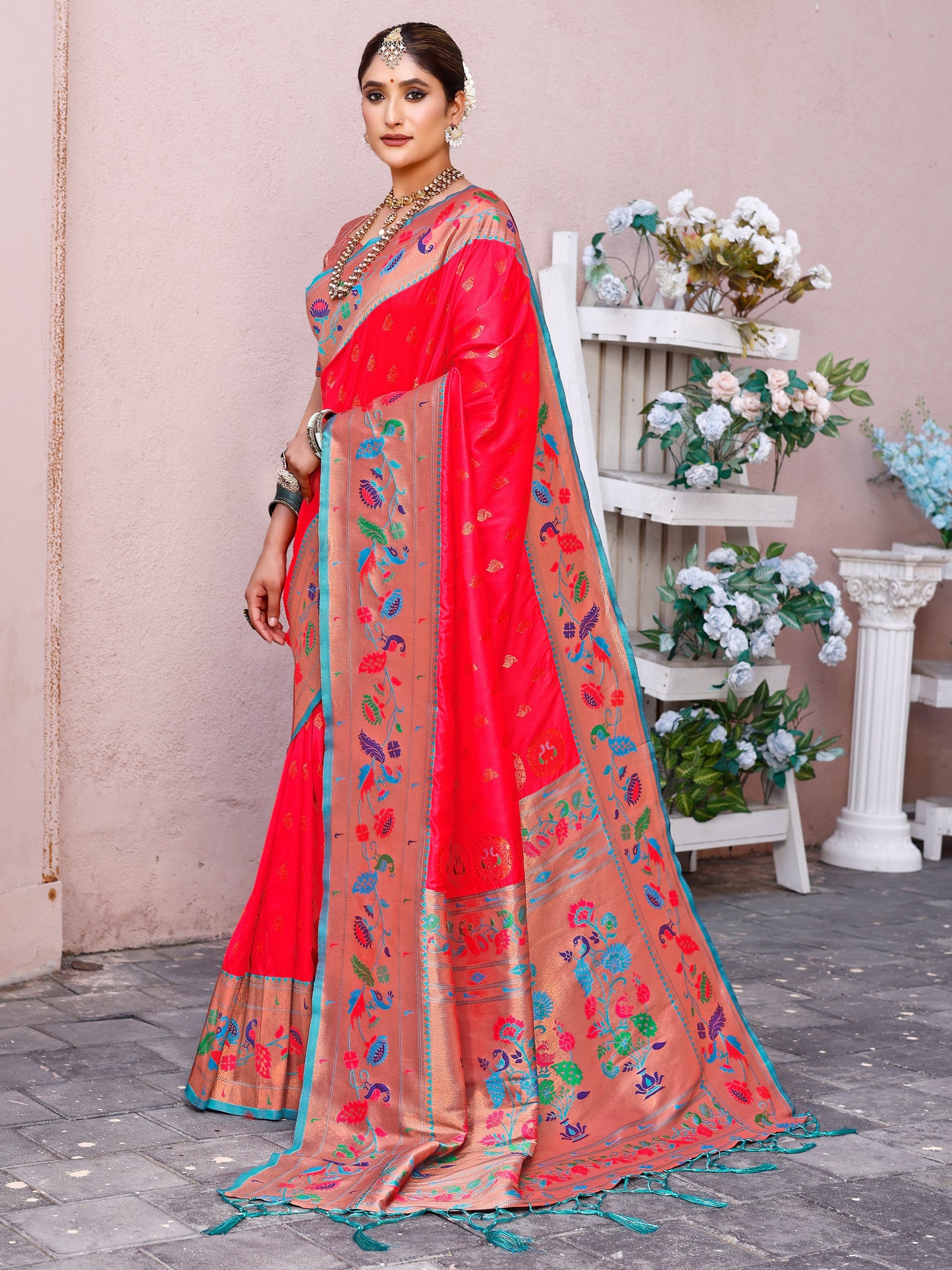 Graceful Tomato Red and Coral Silk Saree with Intricate Zari Work