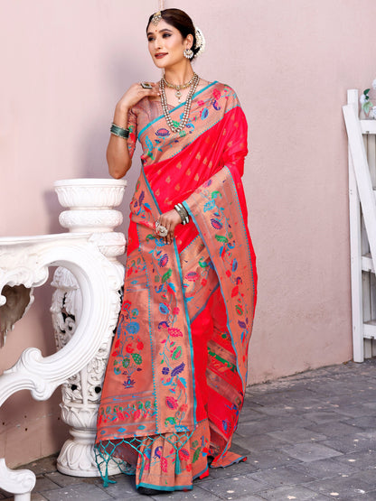 Graceful Tomato Red and Coral Silk Saree with Intricate Zari Work