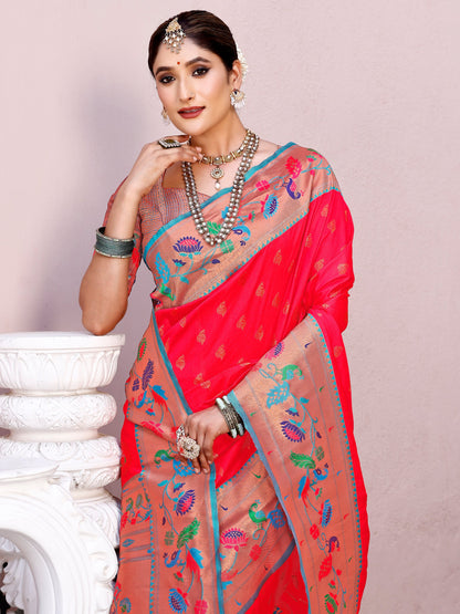 Graceful Tomato Red and Coral Silk Saree with Intricate Zari Work