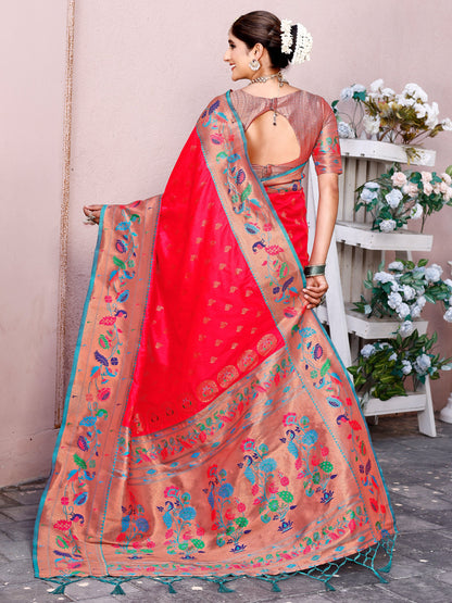 Graceful Tomato Red and Coral Silk Saree with Intricate Zari Work