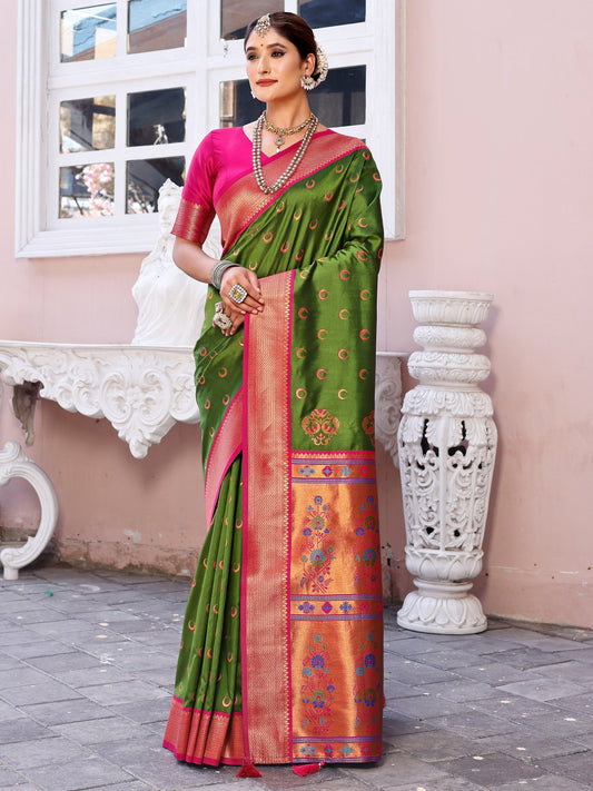 Sophisticated Style Mehendi Green and Coral Silk Saree with Intricate Zari Work