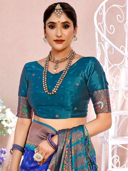 Exquisite Blue and Coral Silk Saree with Intricate Zari Work