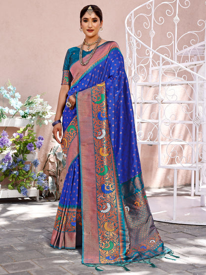 Exquisite Blue and Coral Silk Saree with Intricate Zari Work