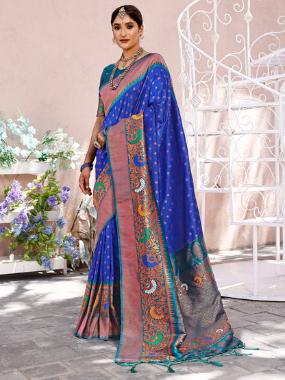 Exquisite Blue and Coral Silk Saree with Intricate Zari Work