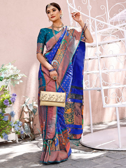 Exquisite Blue and Coral Silk Saree with Intricate Zari Work