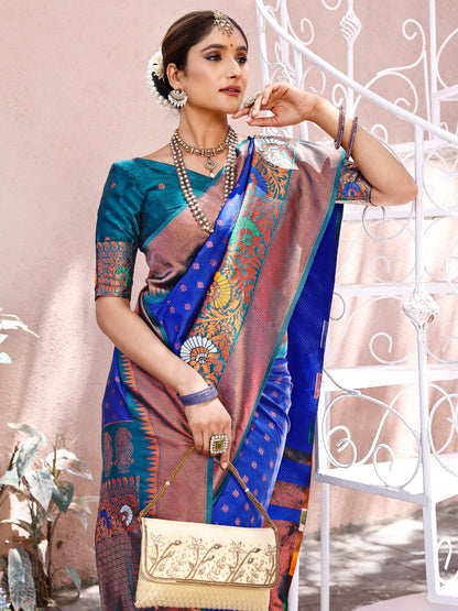 Exquisite Blue and Coral Silk Saree with Intricate Zari Work