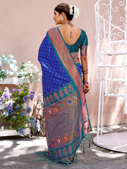 Exquisite Blue and Coral Silk Saree with Intricate Zari Work