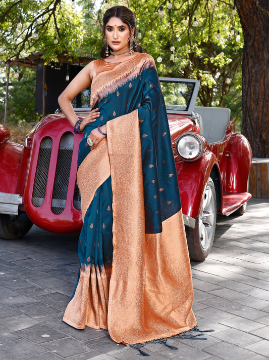 Chic Rama Blue and Coral Silk Saree with Intricate Zari Work