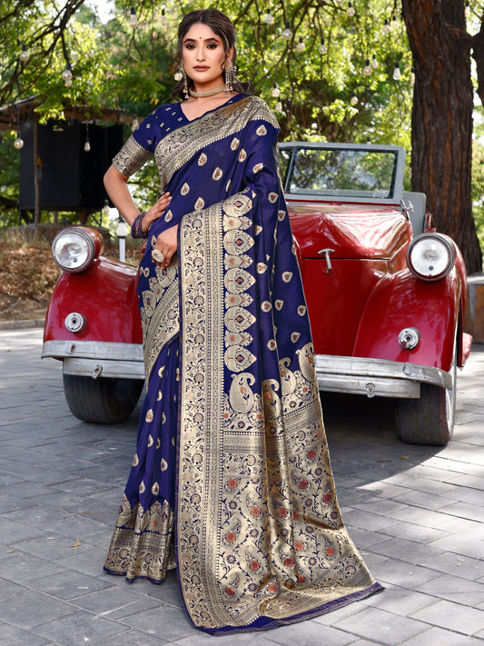 Majestic Magnificence Navy Blue and Coral Silk Saree with Intricate Zari Work