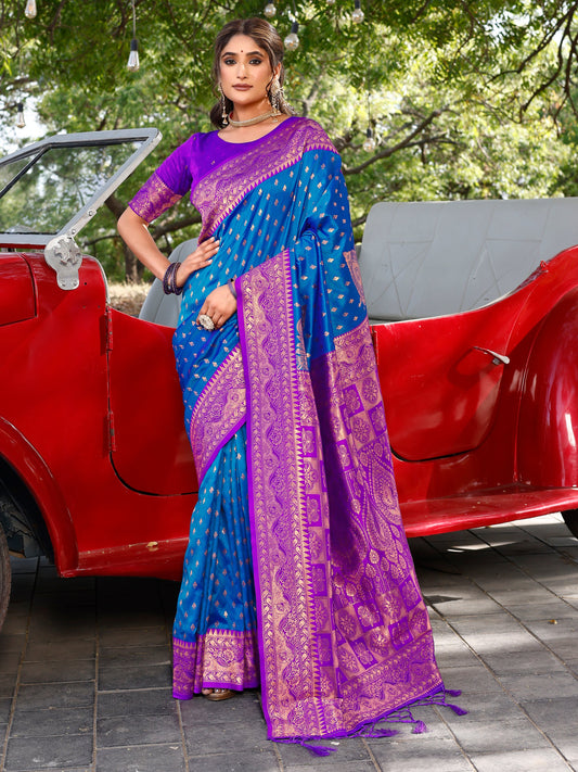 Excellent  Sea Blue  and Coral Silk Saree with Intricate Zari Work