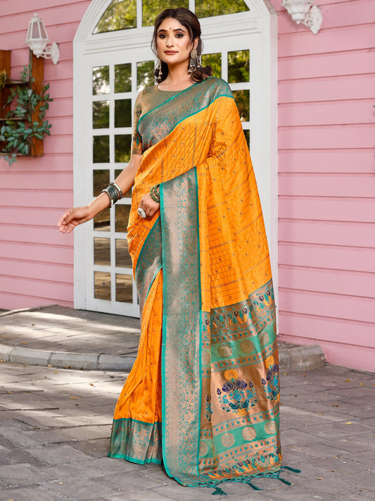 Splendor Orange and Coral Silk Saree with Intricate Zari Work