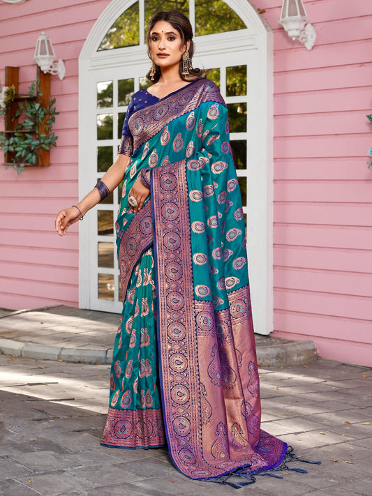 Delicate Teal Blue and Coral Silk Saree with Intricate Zari Work