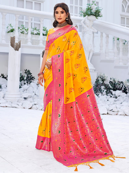 Elegant Aura Golden Yellow and Coral Silk Saree with Intricate Zari Work