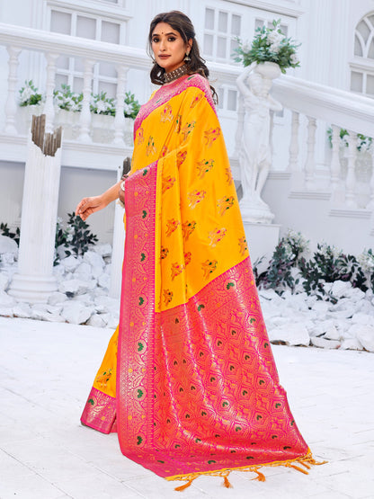 Elegant Aura Golden Yellow and Coral Silk Saree with Intricate Zari Work