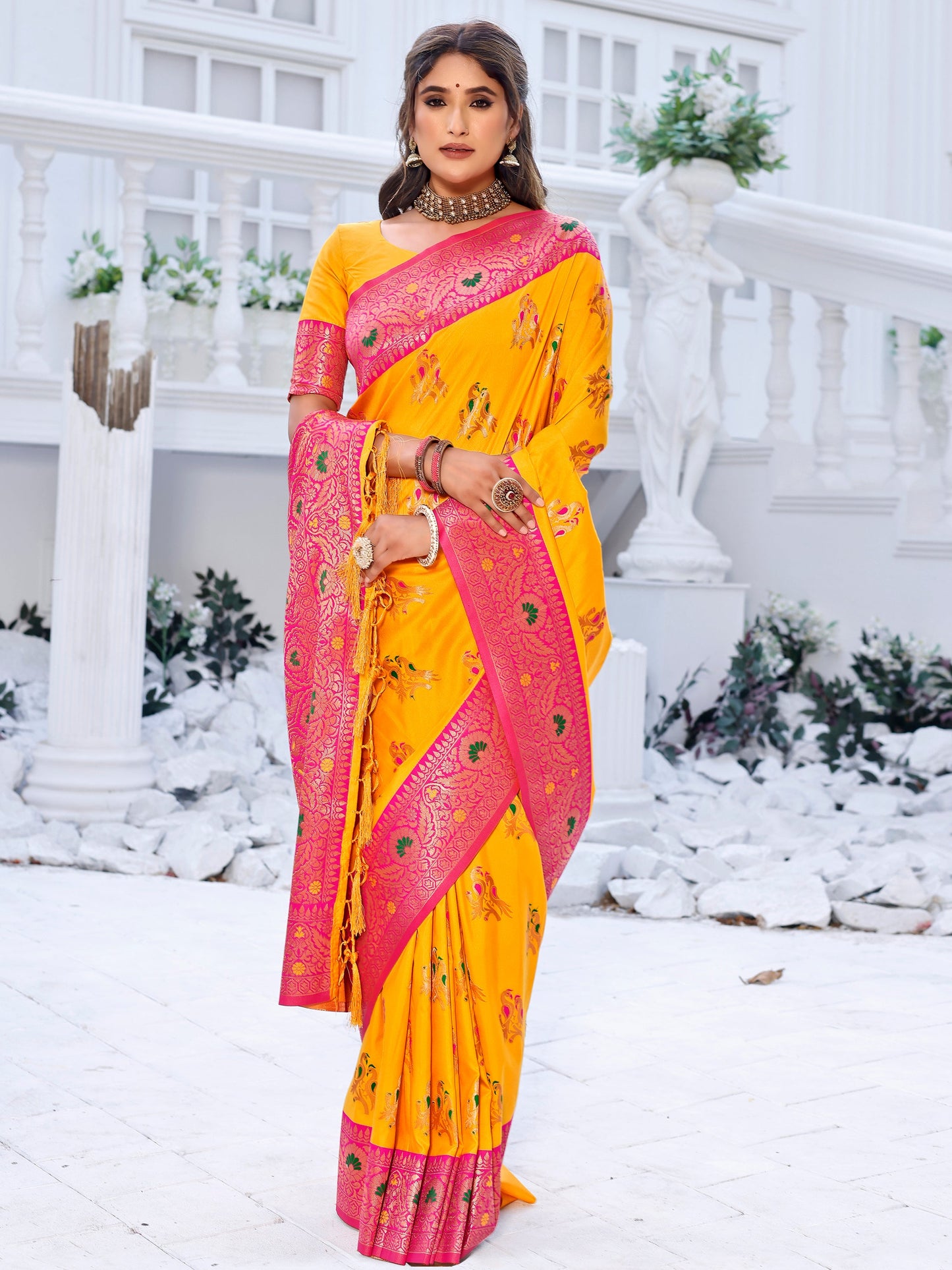 Elegant Aura Golden Yellow and Coral Silk Saree with Intricate Zari Work