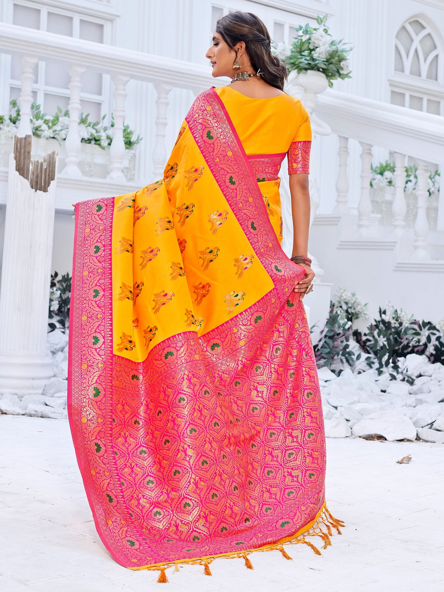 Elegant Aura Golden Yellow and Coral Silk Saree with Intricate Zari Work