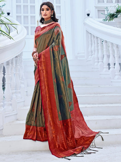 Regality Hunter Green and Coral Silk Saree with Intricate Zari Work