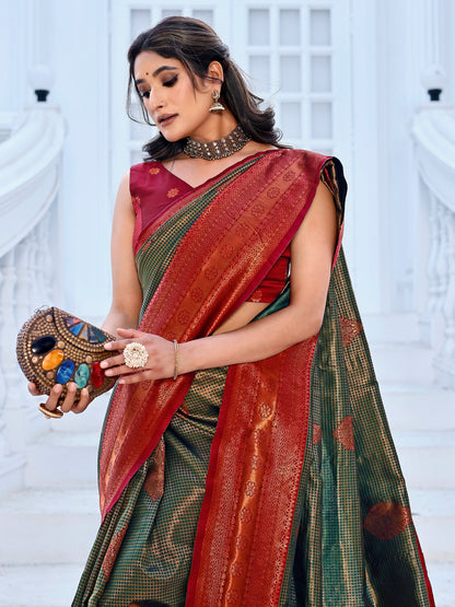 Regality Hunter Green and Coral Silk Saree with Intricate Zari Work