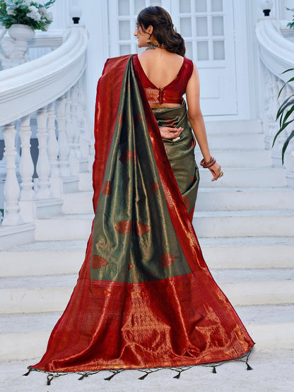 Regality Hunter Green and Coral Silk Saree with Intricate Zari Work