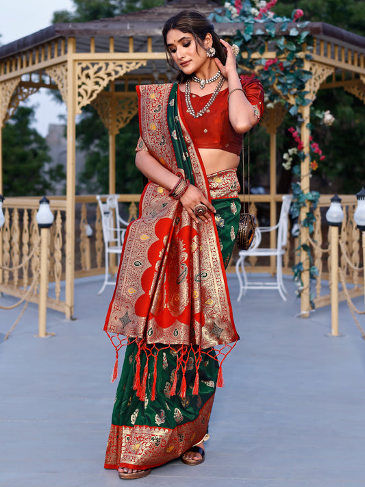 Prestige Castleton Green and Coral Silk Saree with Intricate Zari Work