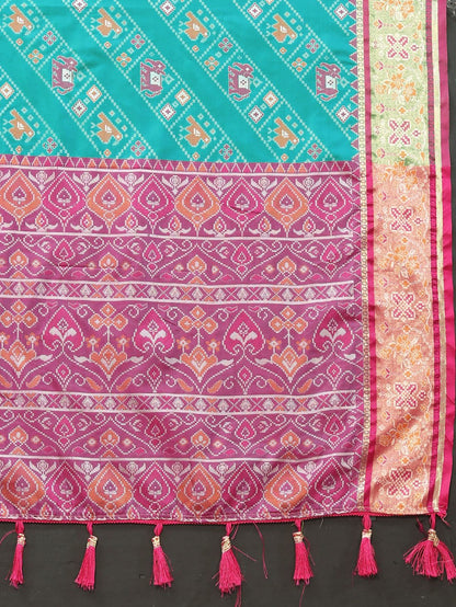 Light Blue & Purple Color Women's Soft Patola Silk meenakari weawing motifs with Rich Zari Pallu and contrast border with Tessels.