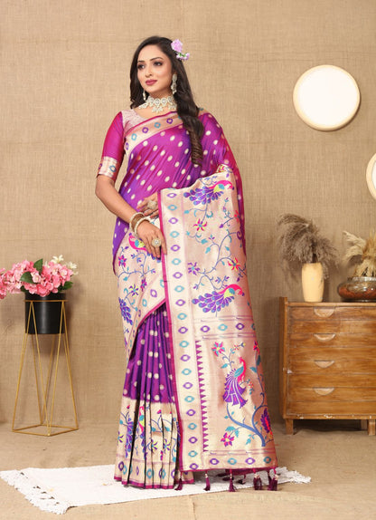 Purple Color Zari Woven Soft Paithani Silk Sarees With Rich Weaving Pallu with tassels.