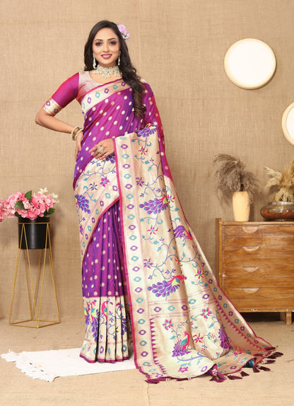 Purple Color Zari Woven Soft Paithani Silk Sarees With Rich Weaving Pallu with tassels.