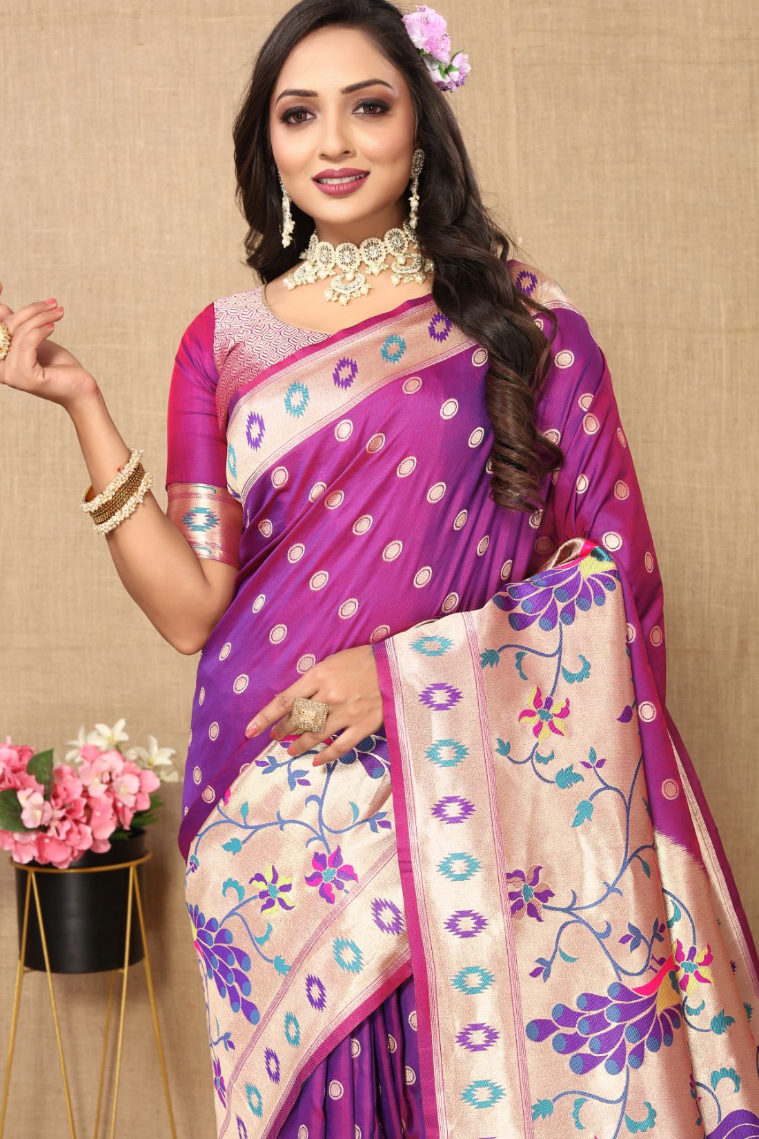 Purple Color Zari Woven Soft Paithani Silk Sarees With Rich Weaving Pallu with tassels.