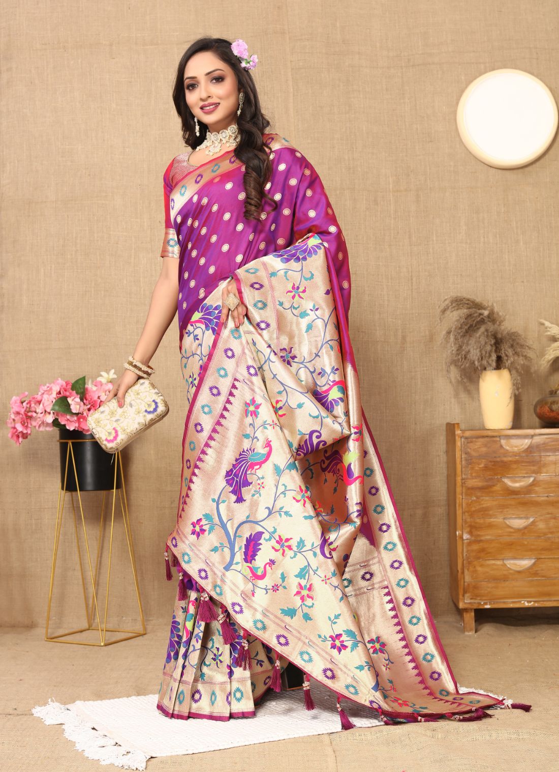 Purple Color Zari Woven Soft Paithani Silk Sarees With Rich Weaving Pallu with tassels.