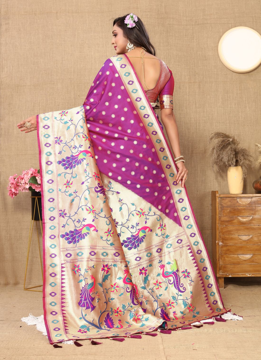 Purple Color Zari Woven Soft Paithani Silk Sarees With Rich Weaving Pallu with tassels.