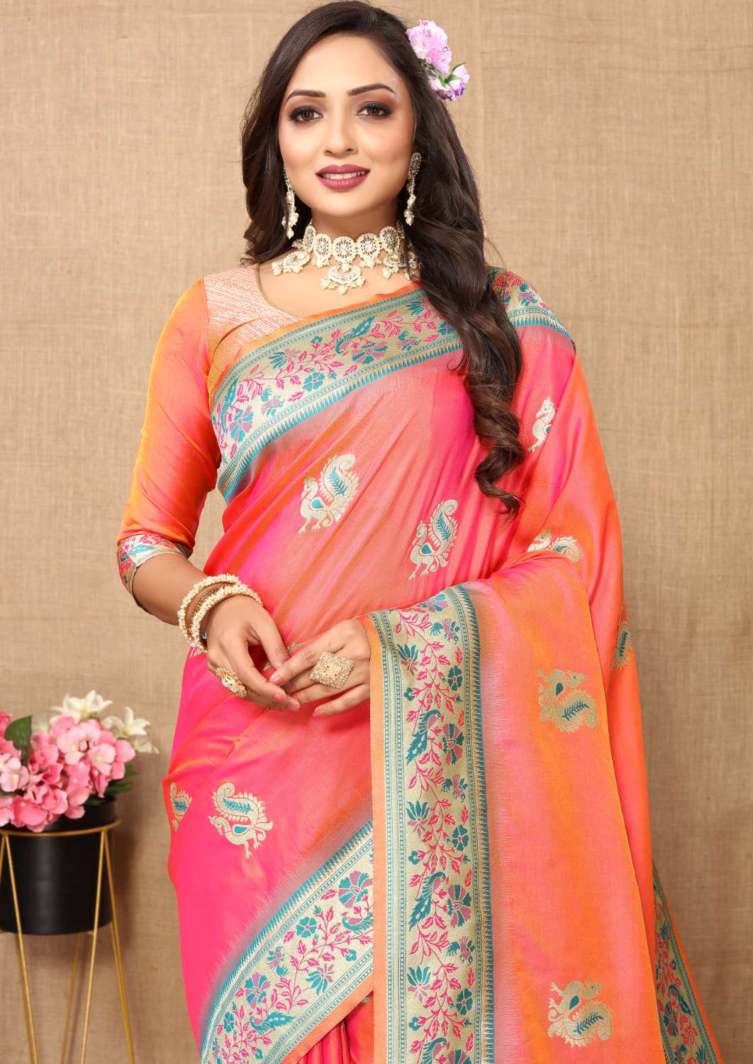 Peach Color Zari Woven Soft Paithani Silk Sarees With Rich Weaving Pallu with tassels.