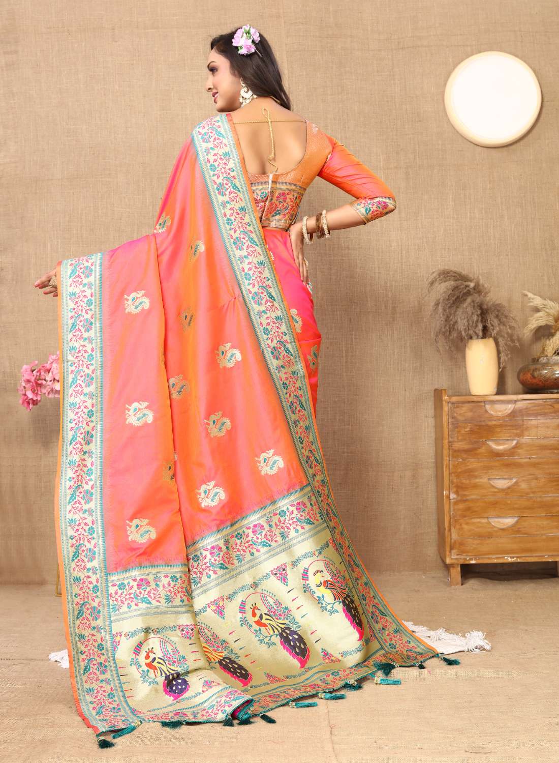 Peach Color Zari Woven Soft Paithani Silk Sarees With Rich Weaving Pallu with tassels.