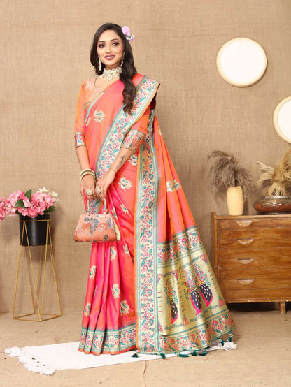 Peach Color Zari Woven Soft Paithani Silk Sarees With Rich Weaving Pallu with tassels.