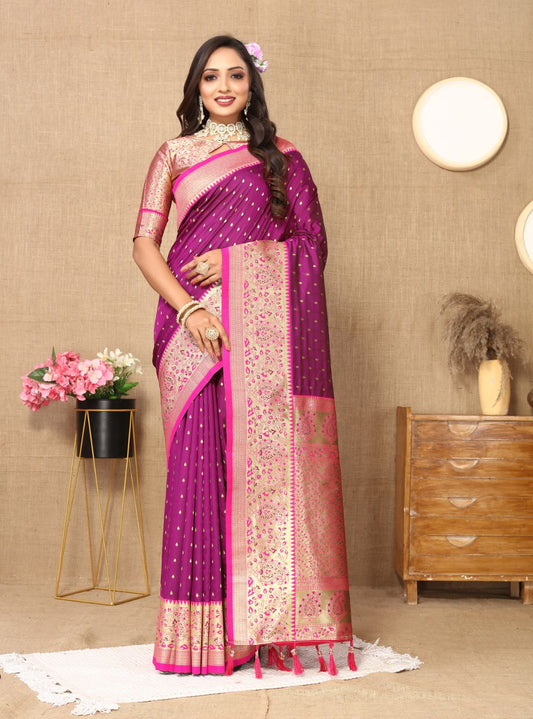 Wine Color Exclusive Soft Silk Zari Woven Work With Rich Pallu and Contrast Border With Tessels Women's Saree with Unstiched Blouse Pieces.