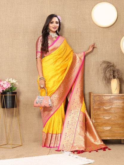 Mustured Color Exclusive Soft Silk Zari Woven Work With Rich Pallu and Contrast Border With Tessels Women's Saree with Unstiched Blouse Pieces.