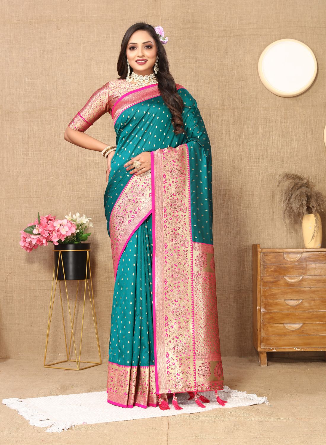 Aqua Blue Color Exclusive Soft Silk Zari Woven Work With Rich Pallu and Contrast Border With Tessels Women's Saree with Unstiched Blouse Pieces.