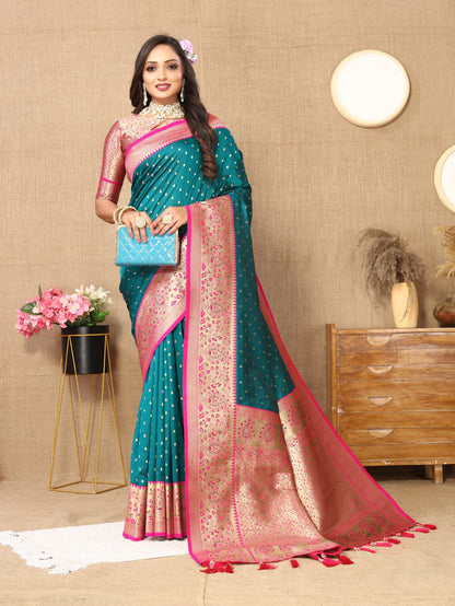 Aqua Blue Color Exclusive Soft Silk Zari Woven Work With Rich Pallu and Contrast Border With Tessels Women's Saree with Unstiched Blouse Pieces.