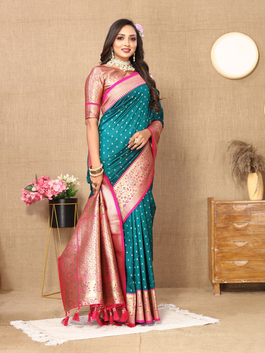 Aqua Blue Color Exclusive Soft Silk Zari Woven Work With Rich Pallu and Contrast Border With Tessels Women's Saree with Unstiched Blouse Pieces.