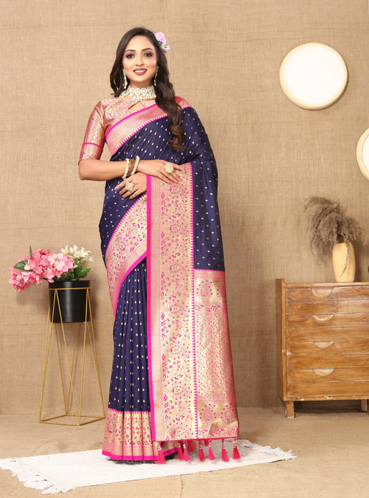 Nevy Blue Color Exclusive Soft Silk Zari Woven Work With Rich Pallu and Contrast Border With Tessels Women's Saree with Unstiched Blouse Pieces.