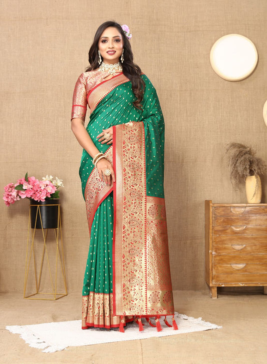 Dark Green Color Exclusive Soft Silk Zari Woven Work With Rich Pallu and Contrast Border With Tessels Women's Saree with Unstiched Blouse Pieces.