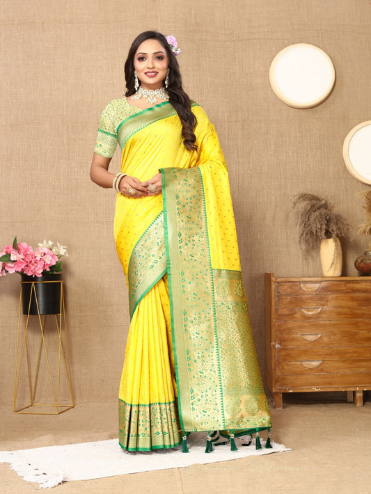 Lemon Yellow Color Exclusive Soft Silk Zari Woven Work With Rich Pallu and Contrast Border With Tessels Women's Saree with Unstiched Blouse Pieces.